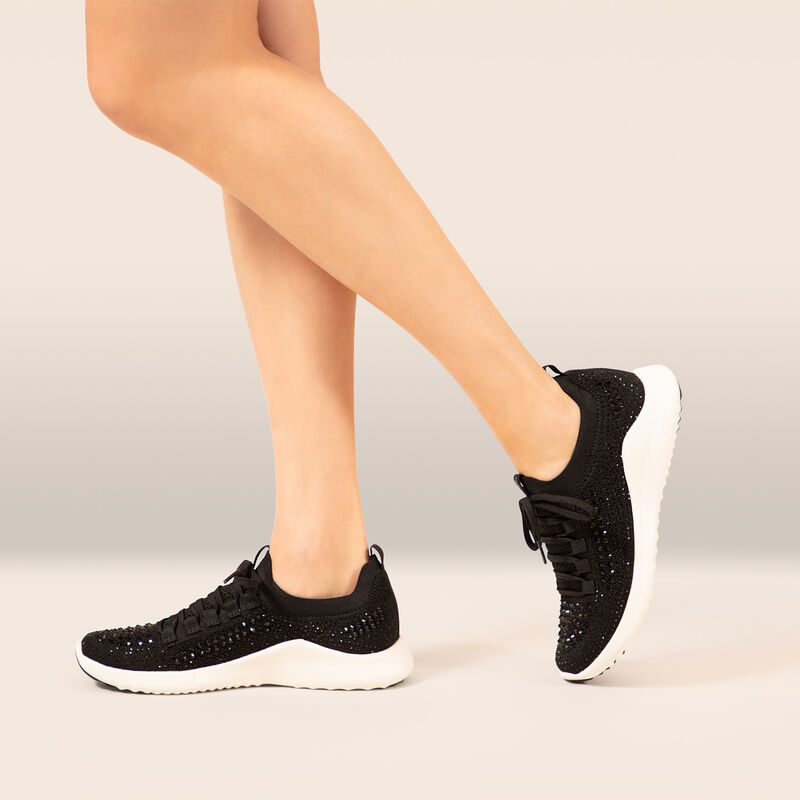 black sparkle stretchy knit sneaker on foot
